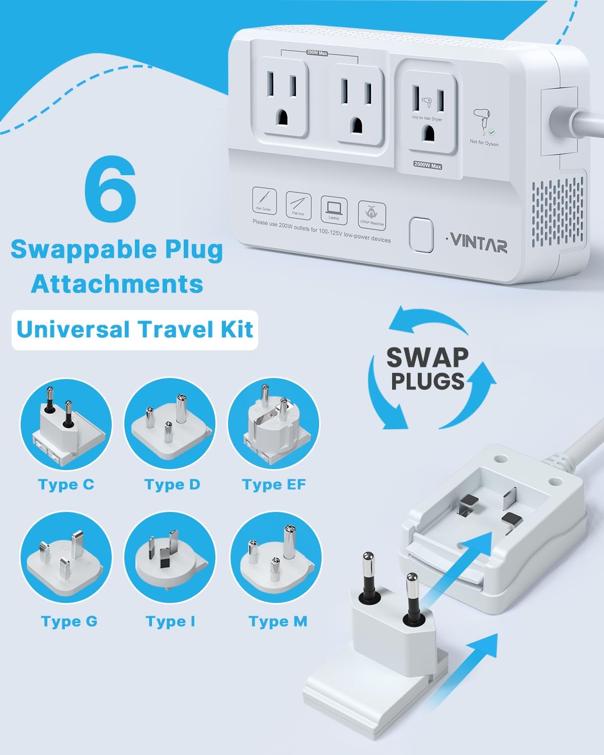 220V to 110V Voltage Converter, VINTAR 2000W Travel Converter for Hair Dryer and 200W Power Converters for Curling Iron, International Universal Step Down Transformer for US to Europe UK India AU SA - Image 6