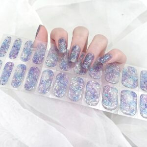 22pcs Semi Cured Gel Nails Strips Tips UV Nail Stickers Polish Wraps-Works with UV Nail Lamp Light, 2 Prep Pads File Wooden Stickers DIY Manicure Easy to Apply&Remove