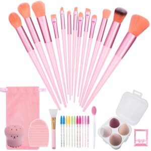 23 pcs Makeup Brushes Set with Beauty Blender, Foundation Brush Eyeshadow Concealers Powder Make Up Brushes, 4 pcs Boxed Makeup Sponges for Professional Makeup Kits (Middle Size, Pink)