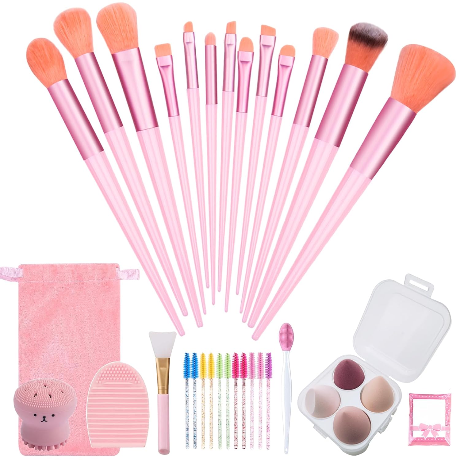 23 pcs Makeup Brushes Set with Beauty Blender, Foundation Brush Eyeshadow Concealers Powder Make Up Brushes, 4 pcs Boxed Makeup Sponges for Professional Makeup Kits (Middle Size, Pink)