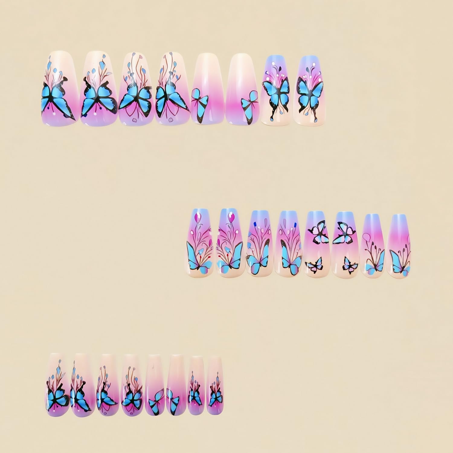 24 Pcs Butterfly Press on Nails Medium Coffin Shaped Fake Nails Designs Pink Blue Purple Gradient False Nails Glossy Acrylic Nails Full Cover Stick on Nails for Women Nails Manicure Decoration - Image 4