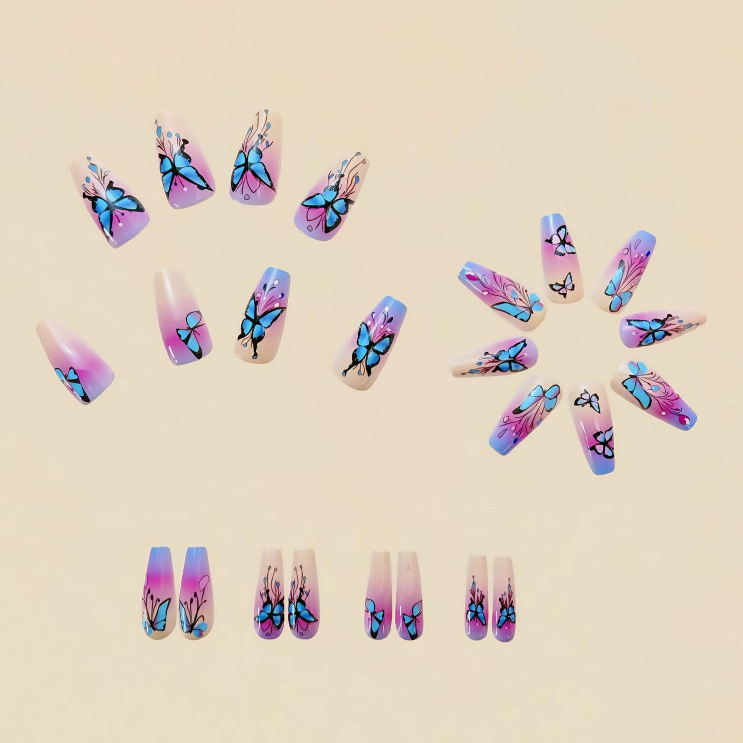 24 Pcs Butterfly Press on Nails Medium Coffin Shaped Fake Nails Designs Pink Blue Purple Gradient False Nails Glossy Acrylic Nails Full Cover Stick on Nails for Women Nails Manicure Decoration - Image 3