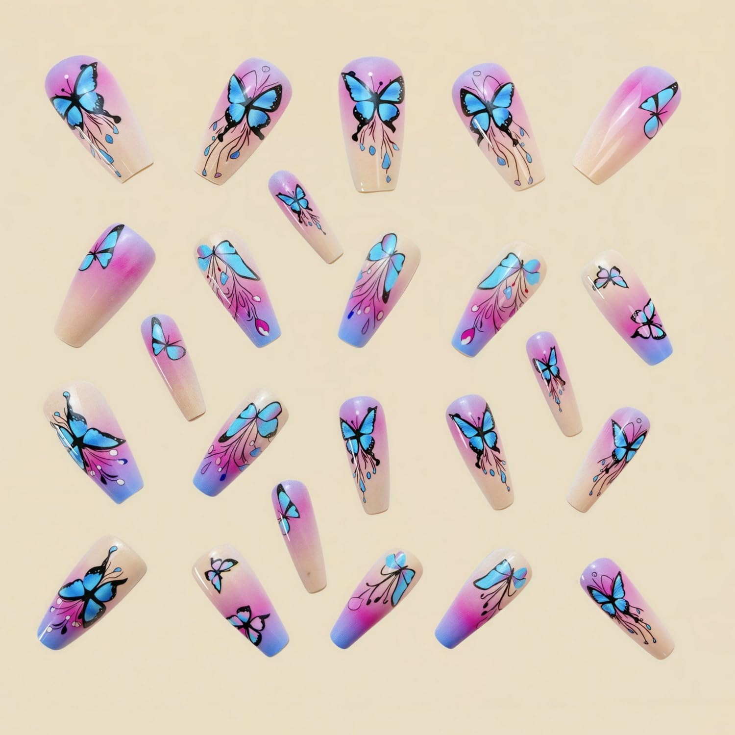 24 Pcs Butterfly Press on Nails Medium Coffin Shaped Fake Nails Designs Pink Blue Purple Gradient False Nails Glossy Acrylic Nails Full Cover Stick on Nails for Women Nails Manicure Decoration - Image 2