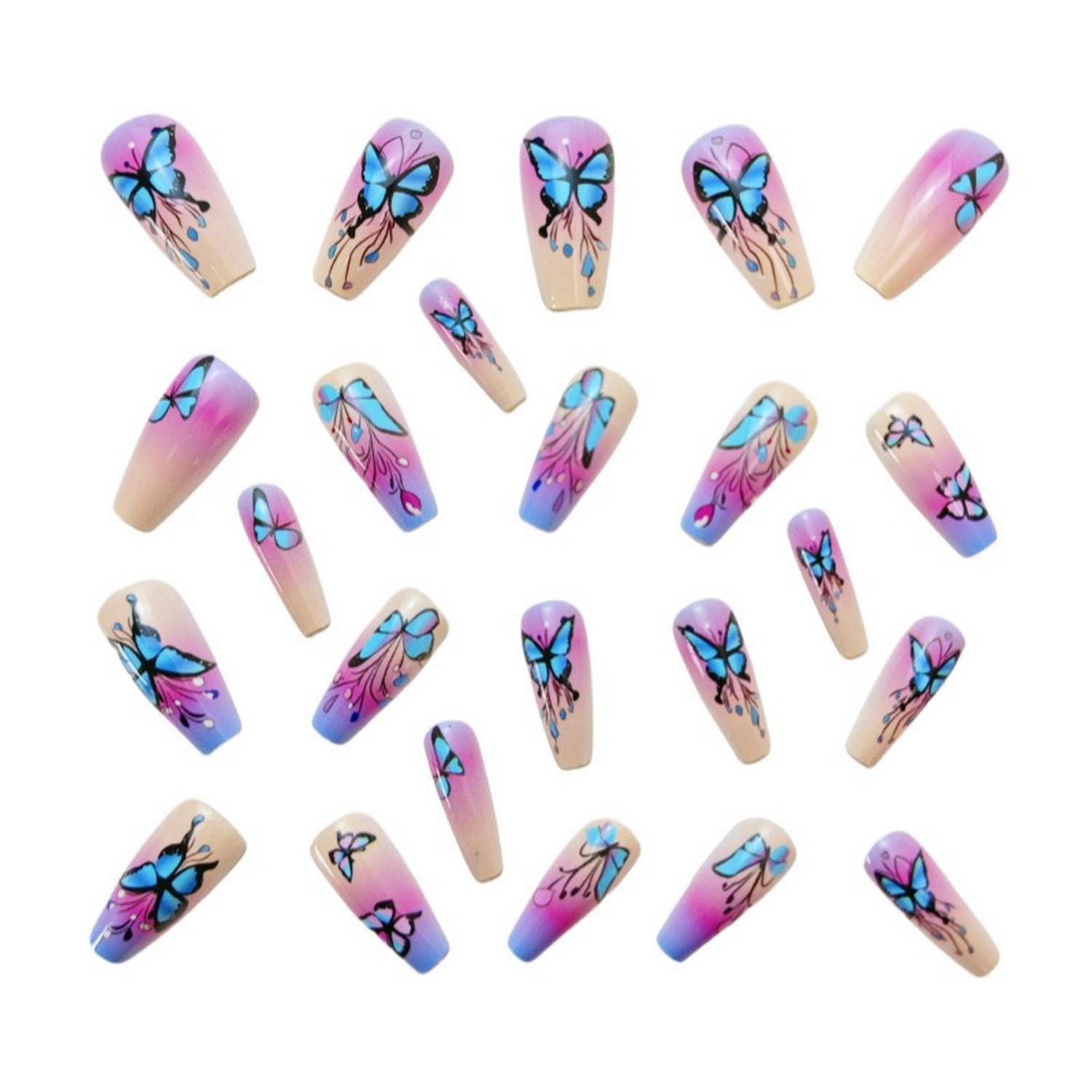 24 Pcs Butterfly Press on Nails Medium Coffin Shaped Fake Nails Designs Pink Blue Purple Gradient False Nails Glossy Acrylic Nails Full Cover Stick on Nails for Women Nails Manicure Decoration - Image 5