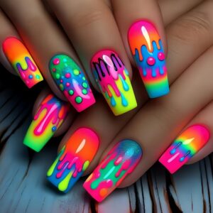 24 Pcs Colorful Press on Nails Medium Length Coffin Shape Fake Nails Glitter False Nails Rainbow Color Gradient Acrylic Nails Full Cover Sparkly Reusable Stick on Nails for Women DIY Art Manicure