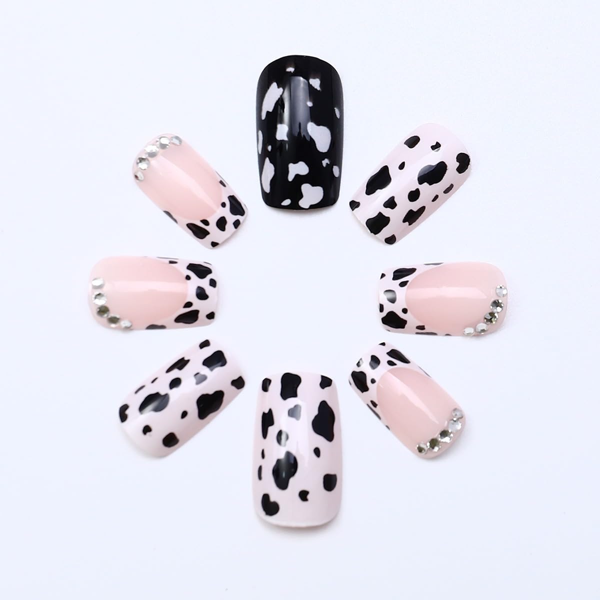 24 Pcs French Tip Press on Nails Short Square Shaped Fake Nails with Cow Print and Rhinestones Design White Glossy Leopard Acrylic Nails Full Cover Stick on Nails for Women Nails Manicure Decoration - Image 3