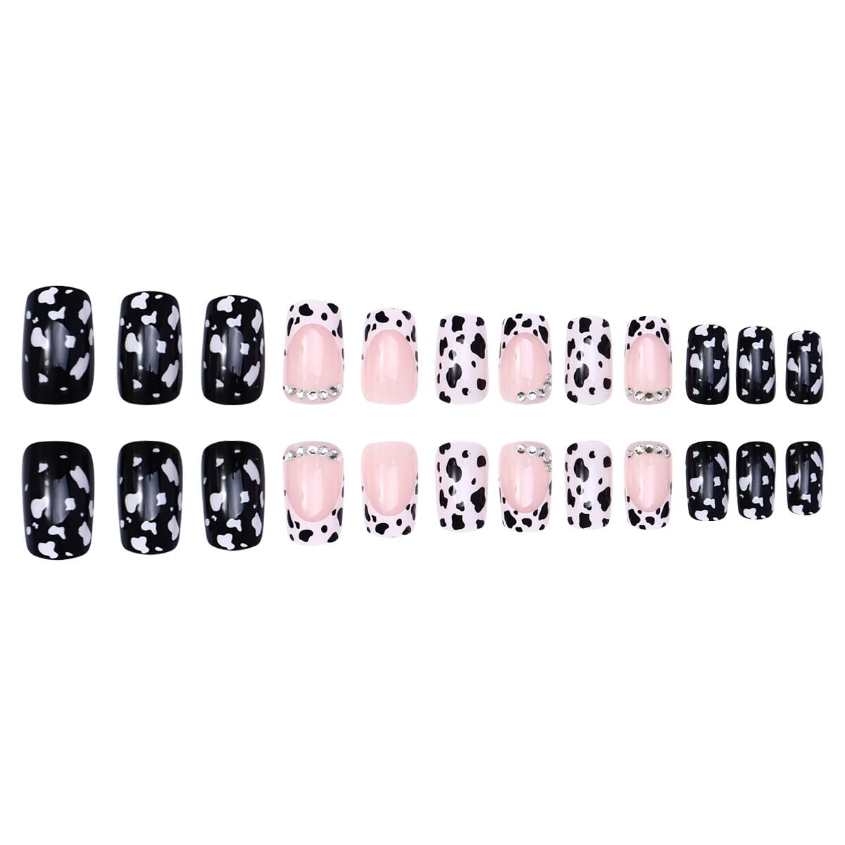 24 Pcs French Tip Press on Nails Short Square Shaped Fake Nails with Cow Print and Rhinestones Design White Glossy Leopard Acrylic Nails Full Cover Stick on Nails for Women Nails Manicure Decoration - Image 5