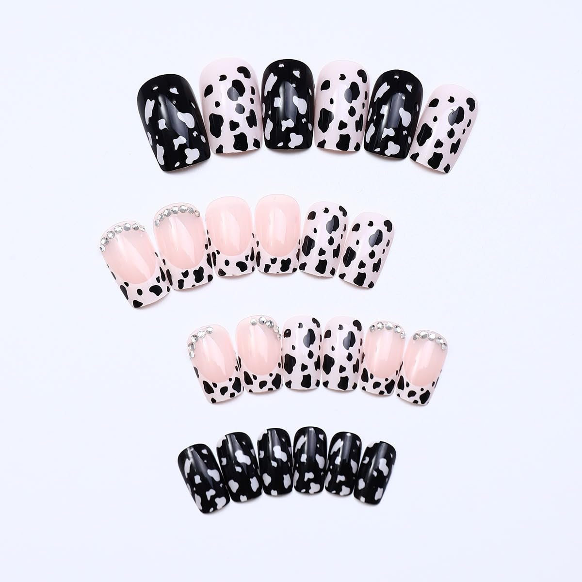 24 Pcs French Tip Press on Nails Short Square Shaped Fake Nails with Cow Print and Rhinestones Design White Glossy Leopard Acrylic Nails Full Cover Stick on Nails for Women Nails Manicure Decoration - Image 4