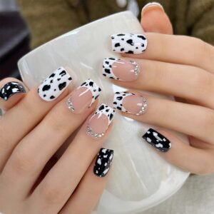 24 Pcs French Tip Press on Nails Short Square Shaped Fake Nails with Cow Print and Rhinestones Design White Glossy Leopard Acrylic Nails Full Cover Stick on Nails for Women Nails Manicure Decoration