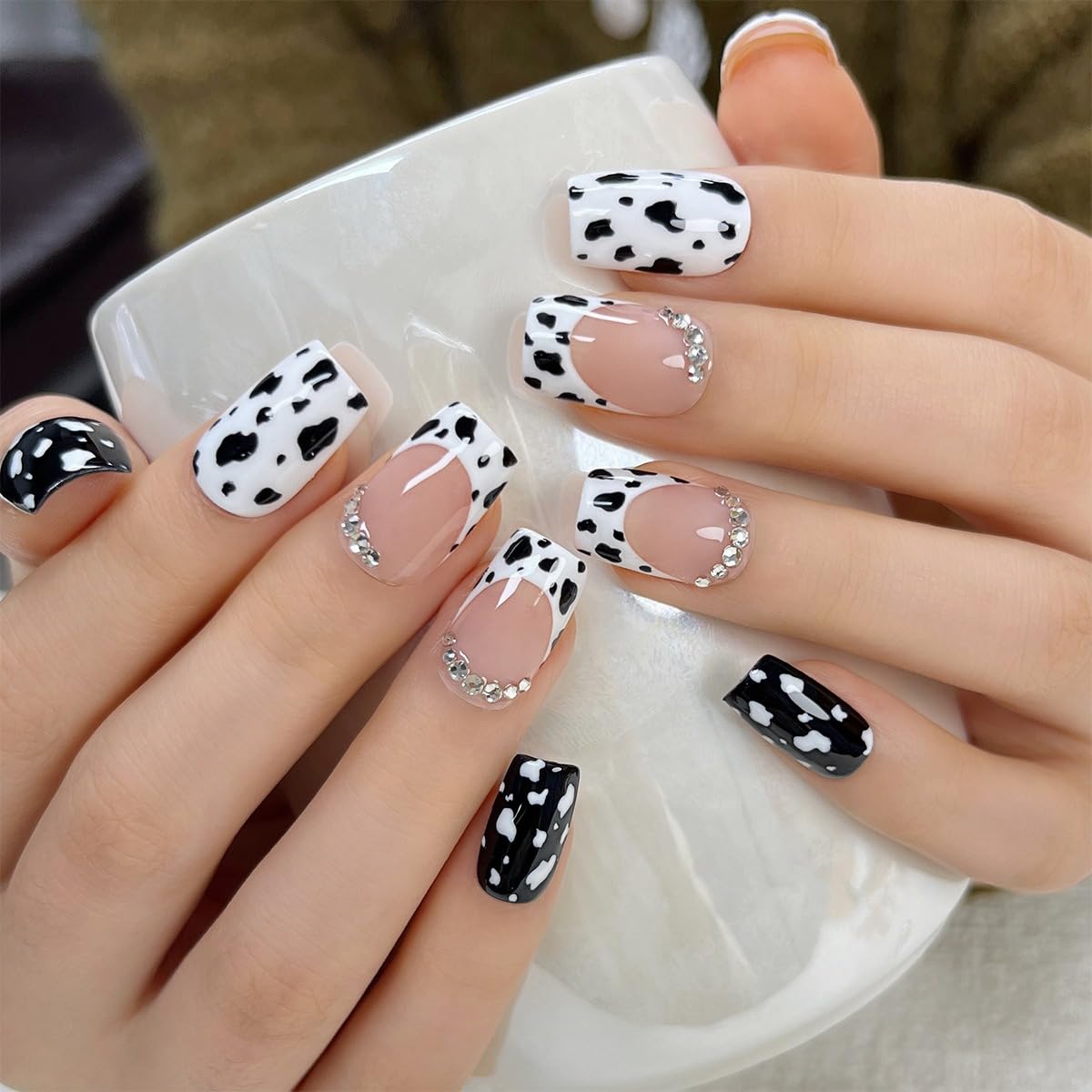 24 Pcs French Tip Press on Nails Short Square Shaped Fake Nails with Cow Print and Rhinestones Design White Glossy Leopard Acrylic Nails Full Cover Stick on Nails for Women Nails Manicure Decoration