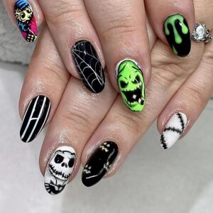 24 Pcs Halloween Press on Nails Medium Almond Fake Nightmare Before Christmas Acrylic With Spider Web and Green Monster Face Designs Glossy False Stick on for Women Girls