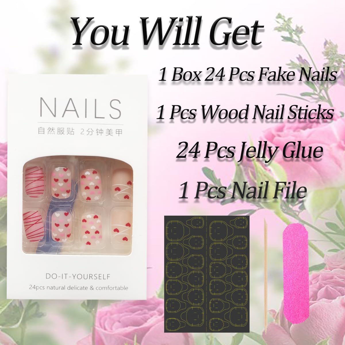 24 Pcs Heart Press on Nails Short Square Fake Nails Red Love Heart Design Full Cover Nude Acrylic False Nails Valentine's Day Cute Stick on Nails Glossy Glue on Nails for Women and Girls Holiday Nails - Image 4