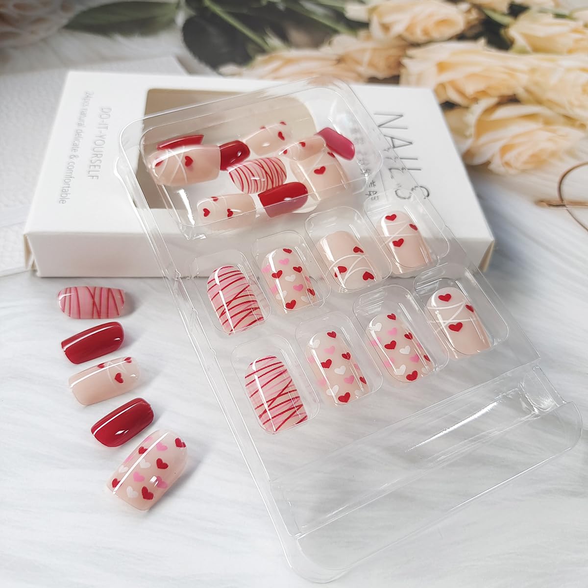 24 Pcs Heart Press on Nails Short Square Fake Nails Red Love Heart Design Full Cover Nude Acrylic False Nails Valentine's Day Cute Stick on Nails Glossy Glue on Nails for Women and Girls Holiday Nails - Image 3