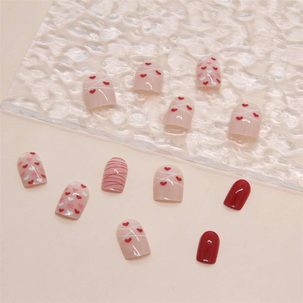 24 Pcs Heart Press on Nails Short Square Fake Nails Red Love Heart Design Full Cover Nude Acrylic False Nails Valentine's Day Cute Stick on Nails Glossy Glue on Nails for Women and Girls Holiday Nails - Image 5