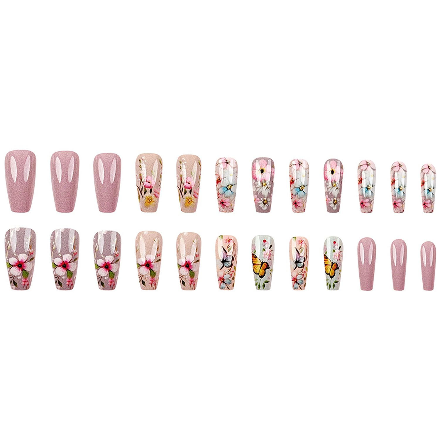 24 Pcs Medium Coffin Press on Nails with Colorful Floral Butterfly Designs - Image 5