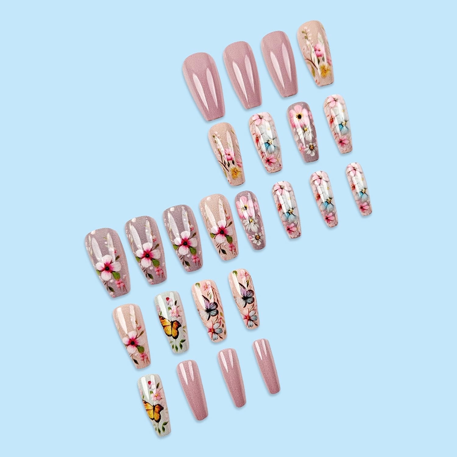 24 Pcs Medium Coffin Press on Nails with Colorful Floral Butterfly Designs - Image 3