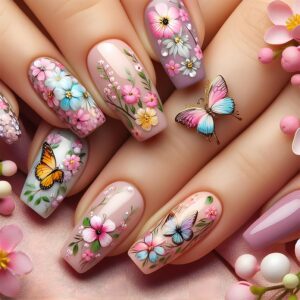 24 Pcs Flower Nails Medium Press on Nails Coffin Spring Fake Nails with Colourful Floral Butterfly Designs Summer False Nails Glossy Pink Full Cover Glue on Nails for Women Girls