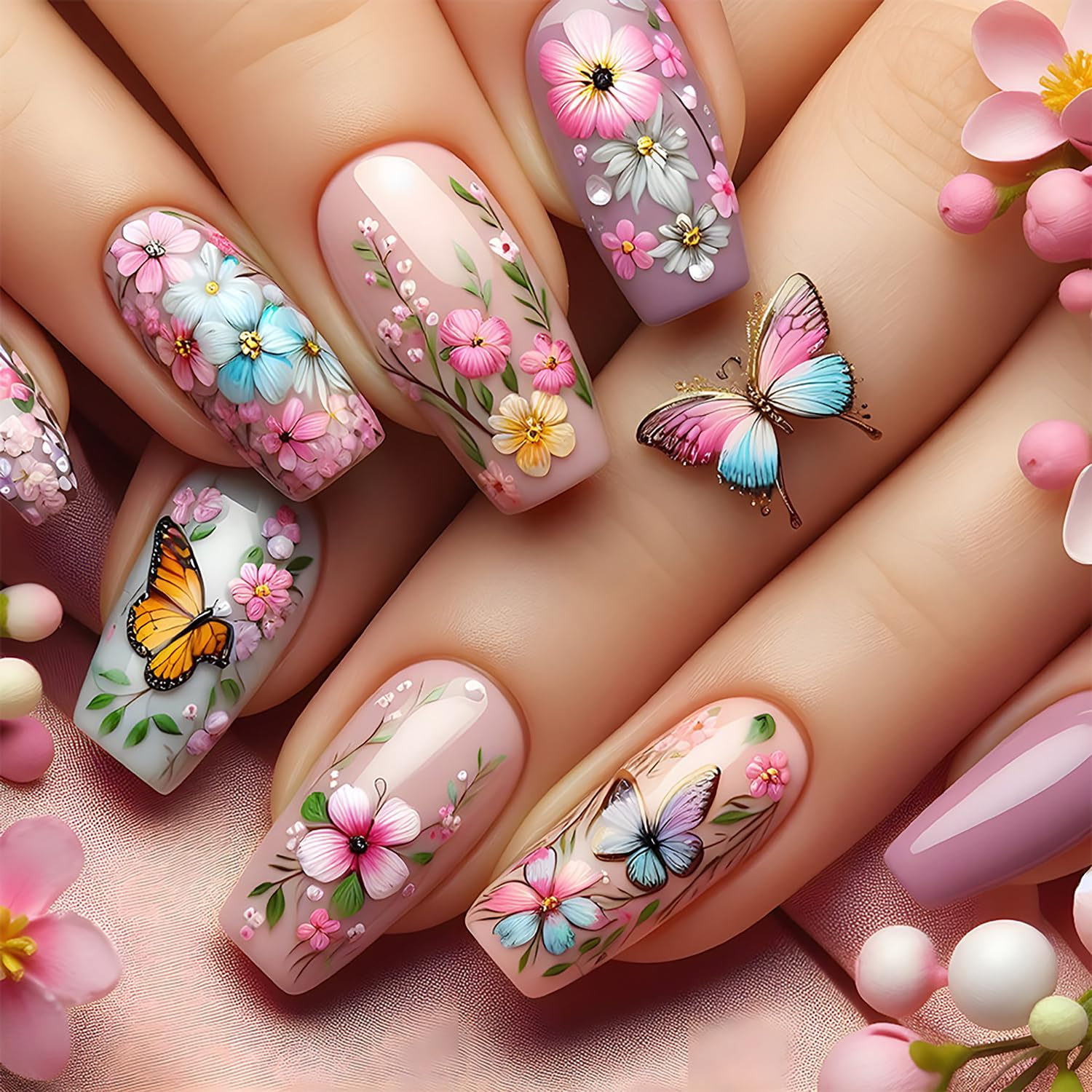 24 Pcs Flower Nails Medium Press on Nails Coffin Spring Fake Nails with Colourful Floral Butterfly Designs Summer False Nails Glossy Pink Full Cover Glue on Nails for Women Girls