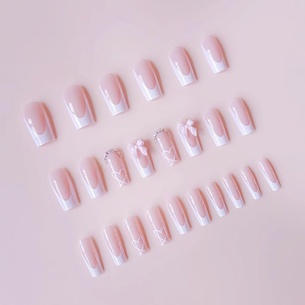 24 Pcs Pink Press on Nails Medium Square - SHANRUN White French Fake Nails Press ons Nail Art Tips Glue on Nails Full Cover Artificial Acrylic False Nails with Rhinestone Bow Design Stick on Nails - Image 4
