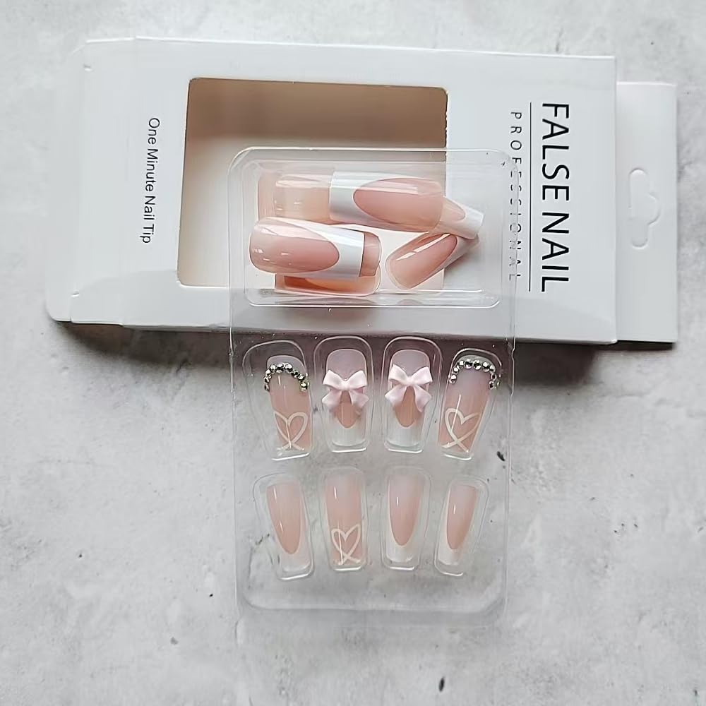 24 Pcs Pink Press on Nails Medium Square - SHANRUN White French Fake Nails Press ons Nail Art Tips Glue on Nails Full Cover Artificial Acrylic False Nails with Rhinestone Bow Design Stick on Nails - Image 5