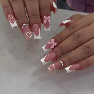 24 Pcs Pink Press on Nails Medium Square - SHANRUN White French Fake Nails Press ons Nail Art Tips Glue on Nails Full Cover Artificial Acrylic False Nails with Rhinestone Bow Design Stick on Nails