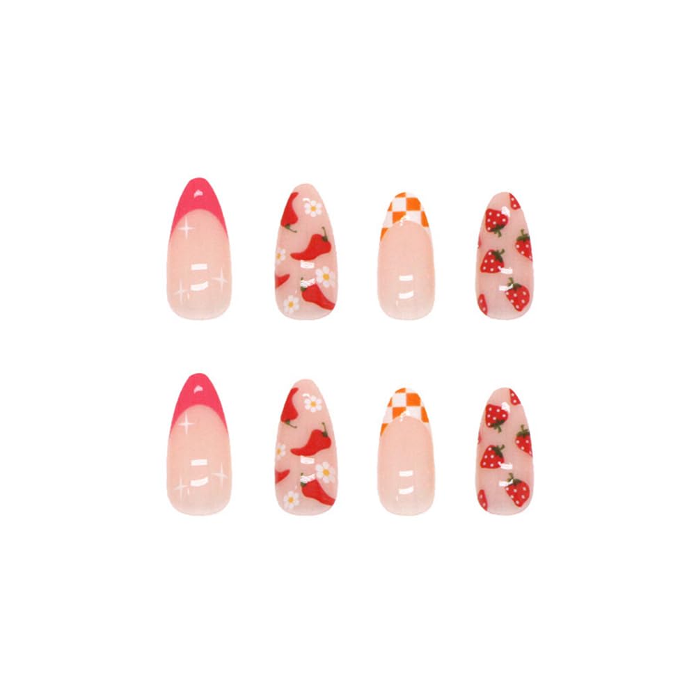 24 Pcs Press on Almond Medium French Tip Acrylic Fake Nails with Fruit Colorful Swirl Patterns Designs Full Cover Reusable False Nails Set for Women Glue on Stick on Nail Art - Image 5