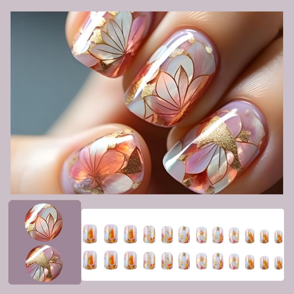 24 Pcs Press on Nails Extra Short Square,LINMEIZAI Fake Nails Press ons Nail Tips Glue on Nails Full Cover Acrylic Nail Kit False Nail with Gold Foil Leaves Flowers Glitter Nail Art Design for Women - Image 2