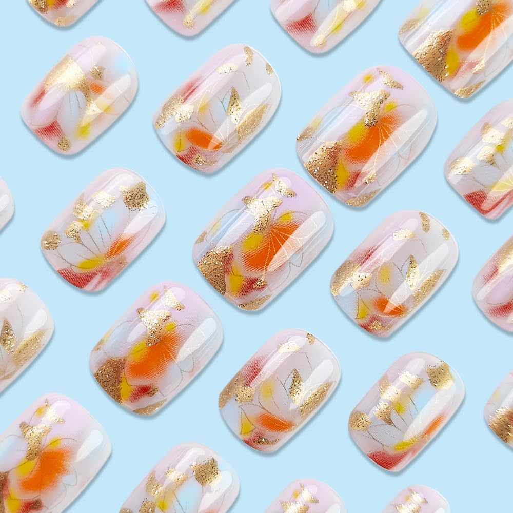24 Pcs Press on Nails Extra Short Square,LINMEIZAI Fake Nails Press ons Nail Tips Glue on Nails Full Cover Acrylic Nail Kit False Nail with Gold Foil Leaves Flowers Glitter Nail Art Design for Women - Image 3