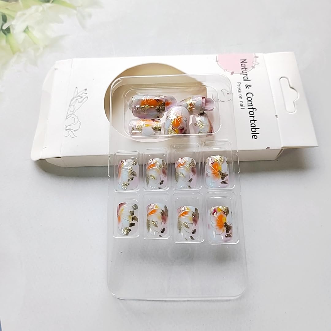 24 Pcs Press on Nails Extra Short Square,LINMEIZAI Fake Nails Press ons Nail Tips Glue on Nails Full Cover Acrylic Nail Kit False Nail with Gold Foil Leaves Flowers Glitter Nail Art Design for Women - Image 6