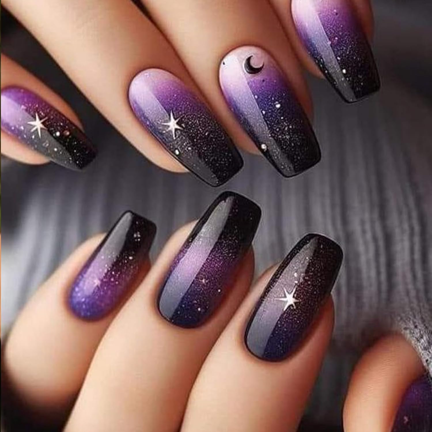 24 PCS Press on Nails Medium Square Night Sky Design Fake Nails Moon Starry Night Glossy Nails Full Cover Acrylic Nails Glue on Nails Artificial Stick on Nails for Women Nail Art