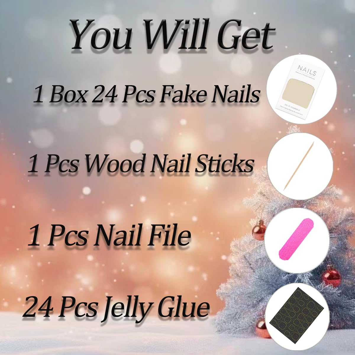 24 Pcs Short Almond Glitter French Tip Press-On Nails for Women and Girls Daily Wear Nude Acrylic - Image 6