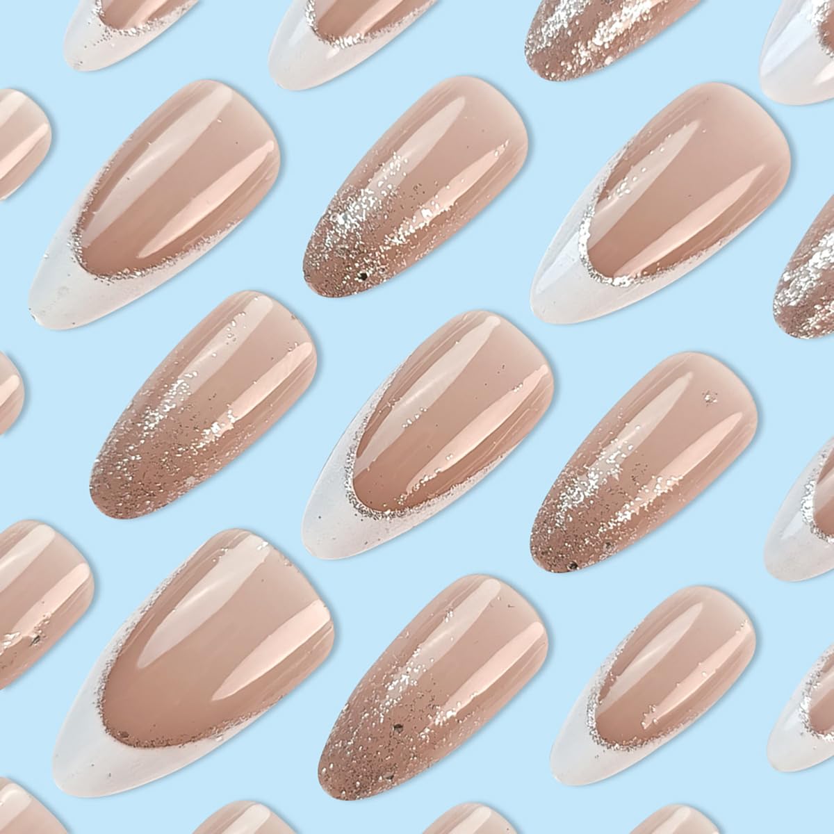 24 Pcs Short Almond Glitter French Tip Press-On Nails for Women and Girls Daily Wear Nude Acrylic - Image 4