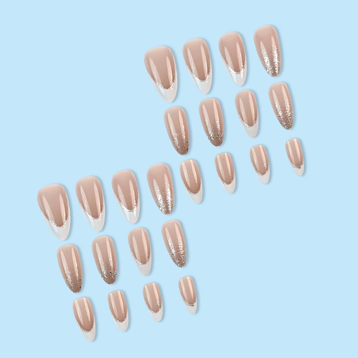 24 Pcs Short Almond Glitter French Tip Press-On Nails for Women and Girls Daily Wear Nude Acrylic - Image 3