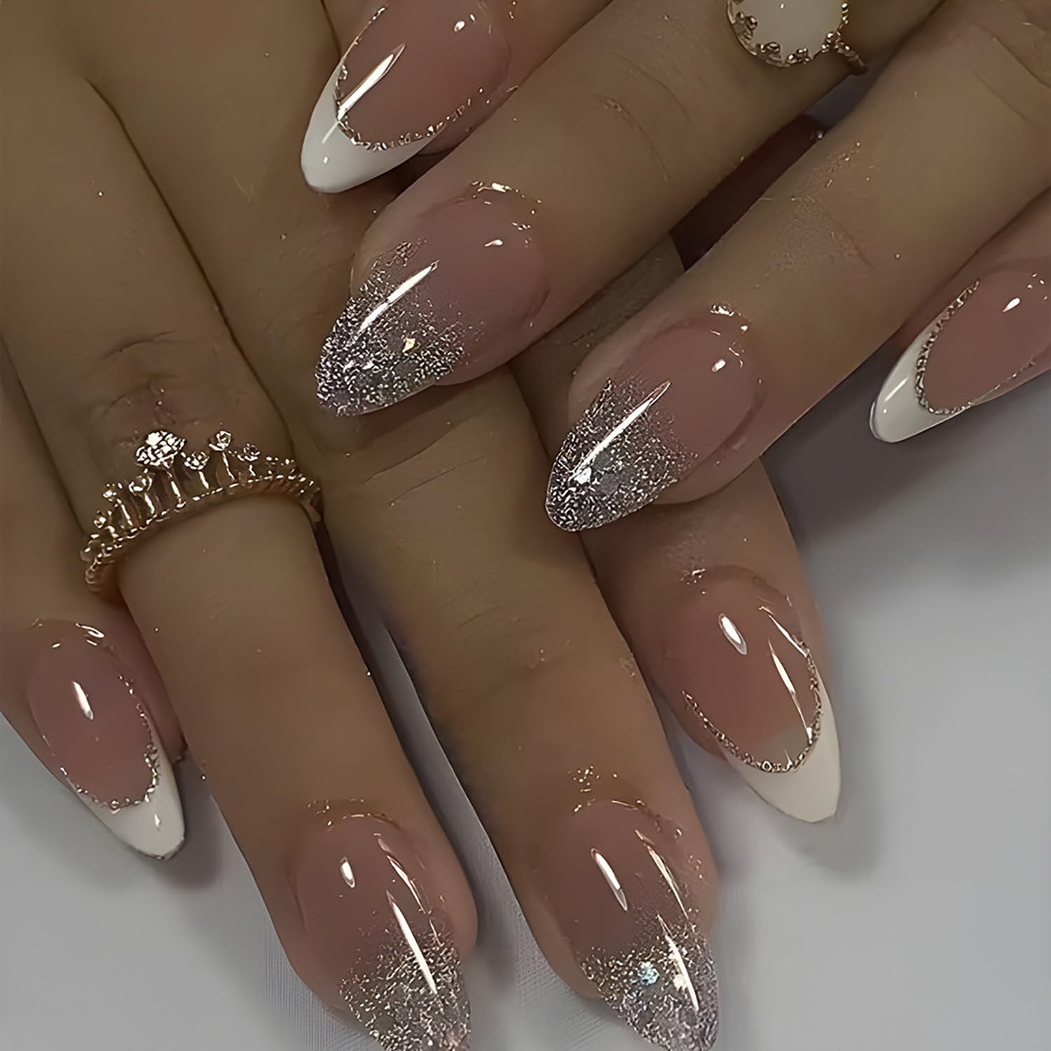 24 Pcs French Tip Press on Nails Short Almond Fake Glitter Design Full Cover Nude Acrylic False Daily Wear Stick on for Women and Girls DIY Manicure Decoration
