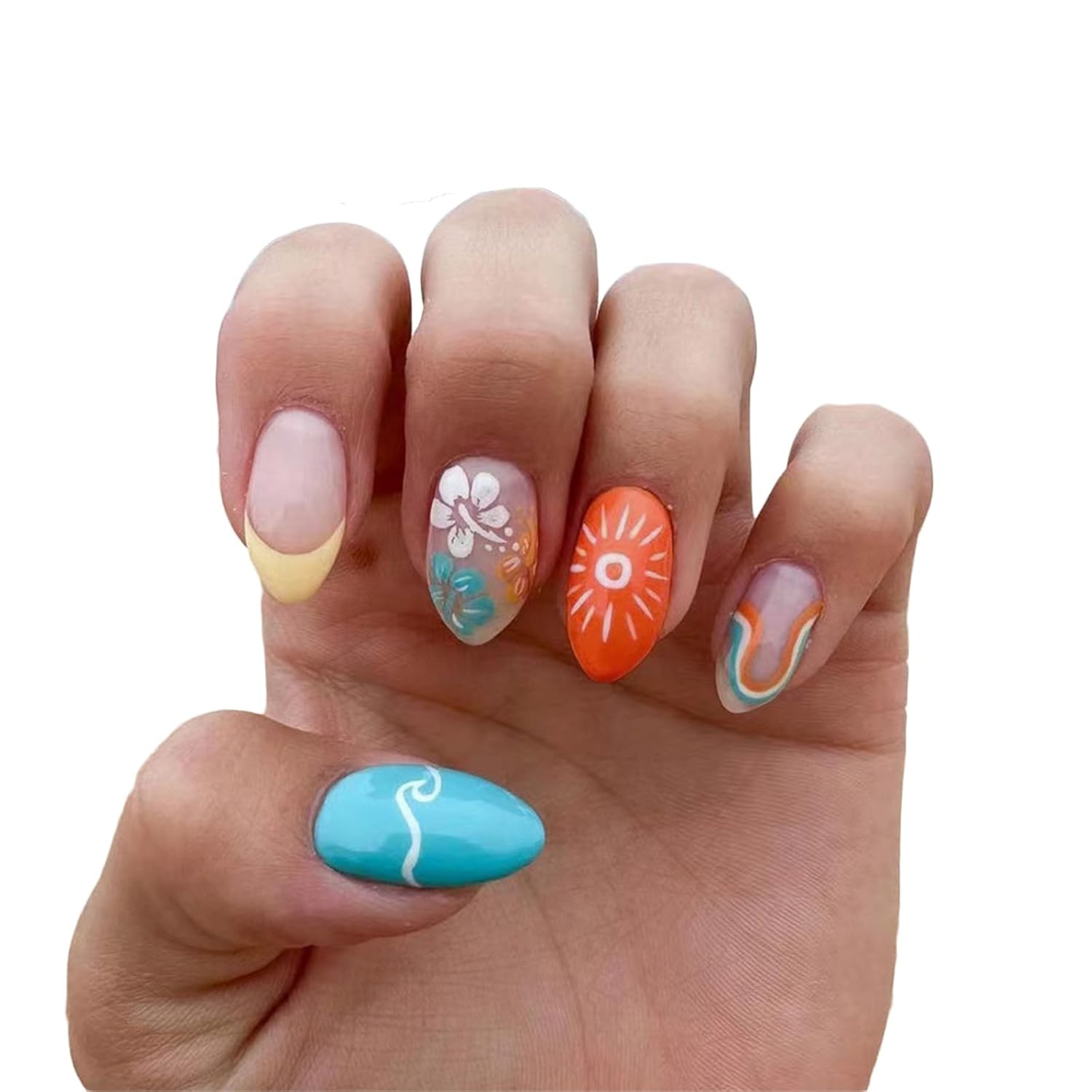 24 Pcs Summer Press on Nails French Tips Medium Almond Acrylic False Nails Sun Stick on Nail Glossy Orange Curve Line Fake Nail Waves Gel Glue on Fingernails for Manicure Art Women Girls