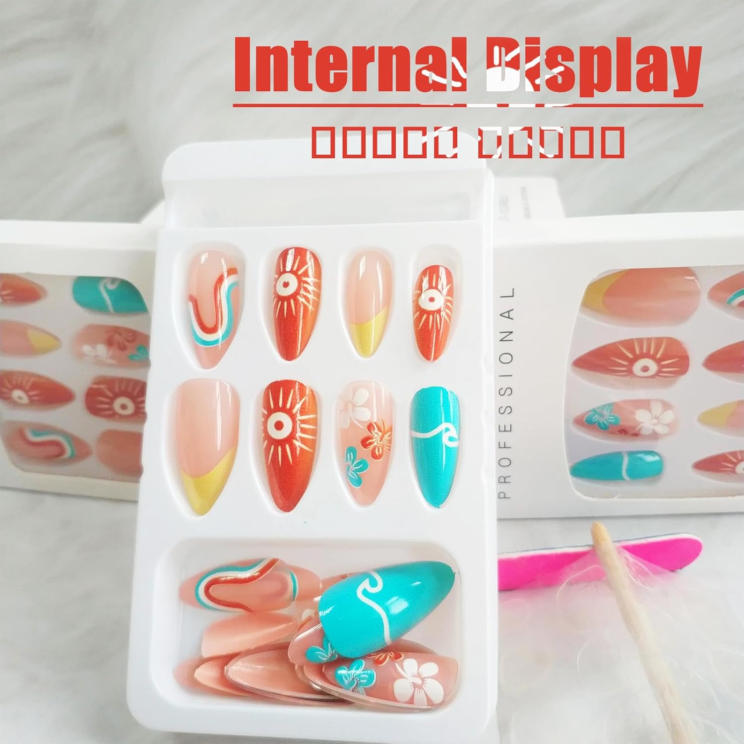 24 Pcs Summer Press on Nails French Tips Medium Almond Acrylic False Nails Sun Stick on Nail Glossy Orange Curve Line Fake Nail Waves Gel Glue on Fingernails for Manicure Art Women Girls - Image 4