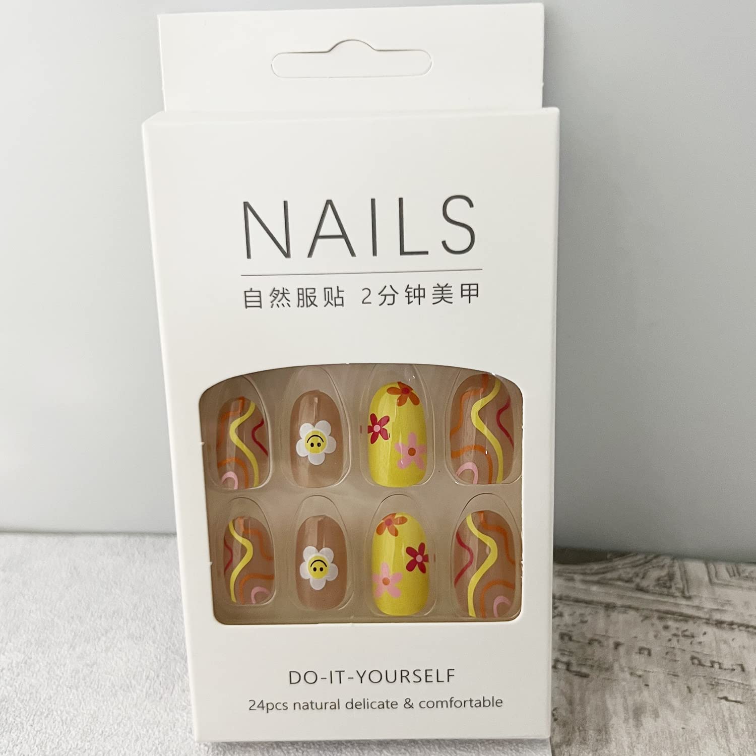 24 Piece Short Almond French Sun Flower Press On Nails Set with Glue Stickers for Women and Girls - Image 6