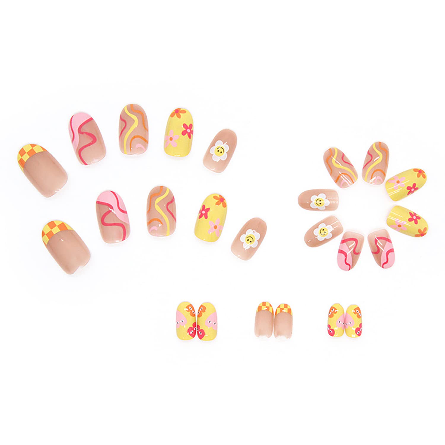 24 Piece Short Almond French Sun Flower Press On Nails Set with Glue Stickers for Women and Girls - Image 5
