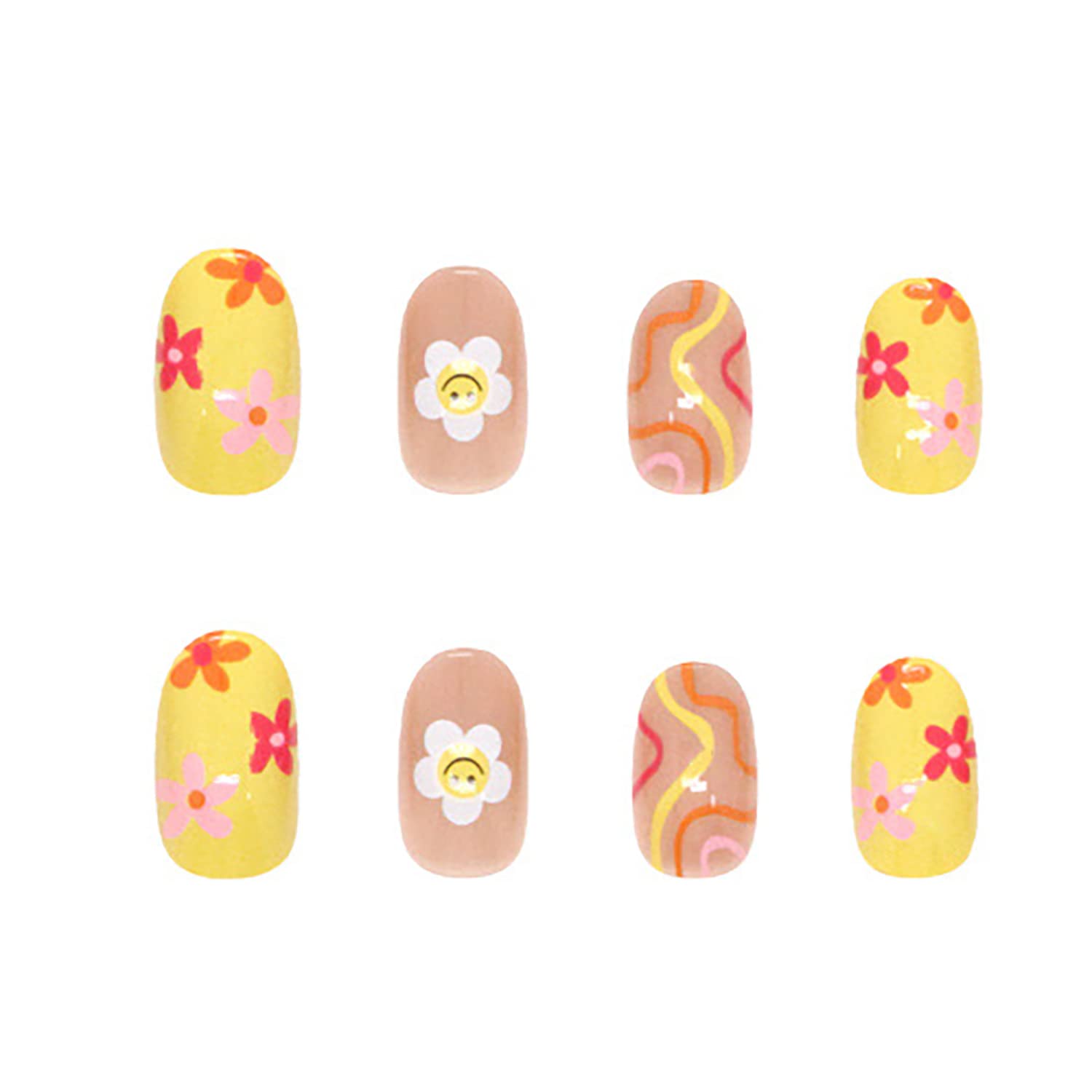 24 Piece Short Almond French Sun Flower Press On Nails Set with Glue Stickers for Women and Girls - Image 3