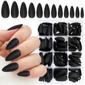 240PC Almond Press on Nails Medium Length Fake Nails Black Matte Almond Nails Press on Nail Short Stiletto False Nail Tips Colored Artificial Fingernail & Nail Glue Adhesive Tabs for Women