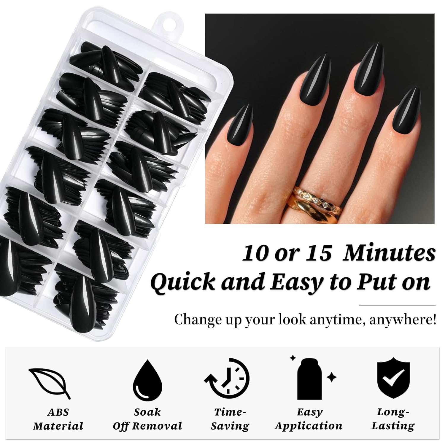 240PC Black Almond Press on Nails Medium Fake Nails Press ons, False Acrylic Nails Press on Nails Almond Glue on Nails Artificial Nail Tips Fingernails Stick on Nails with Glue&Adhesive Tabs - Image 3