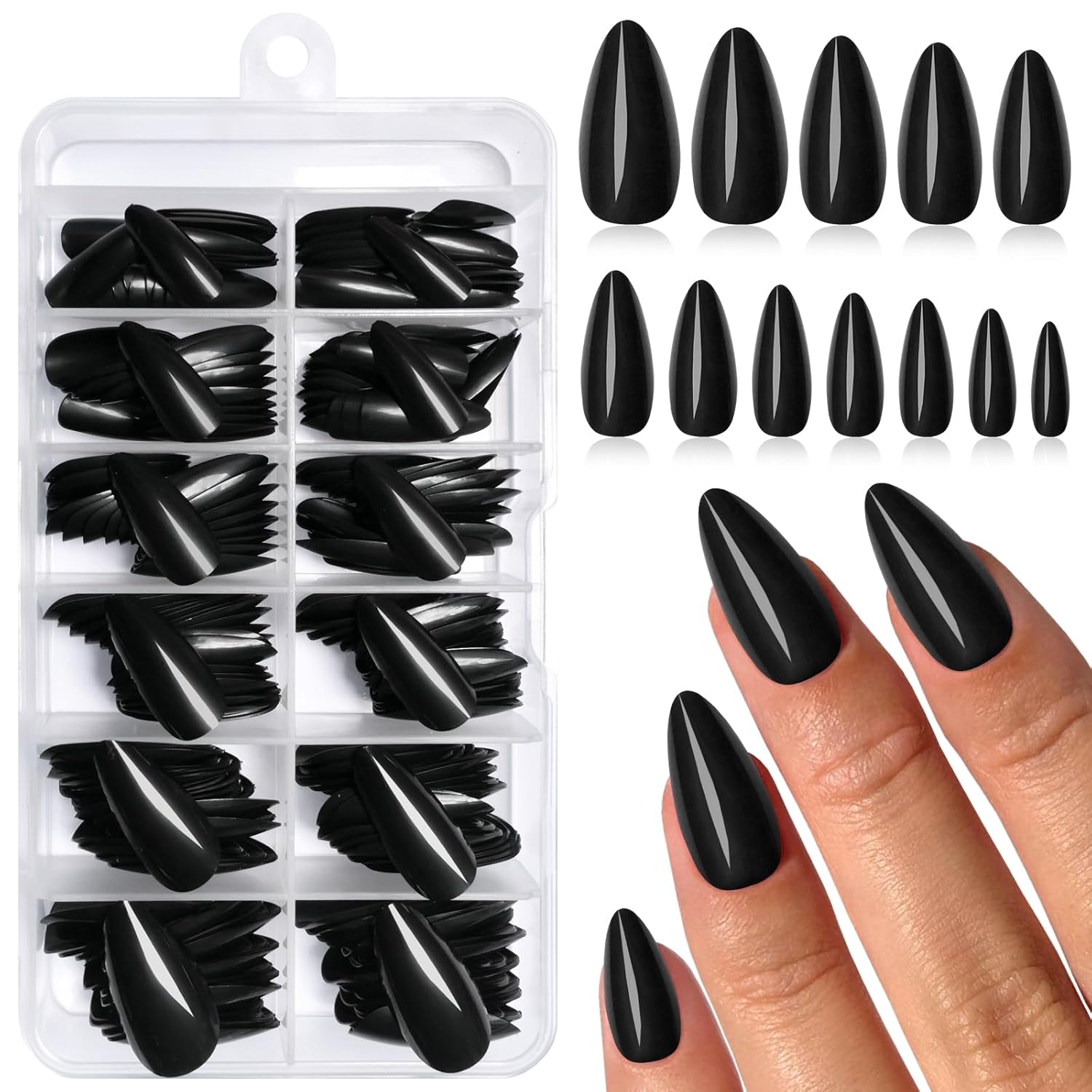 240PC Black Almond Press on Nails Medium Fake Nails Press ons, False Acrylic Nails Press on Nails Almond Glue on Nails Artificial Nail Tips Fingernails Stick on Nails with Glue&Adhesive Tabs