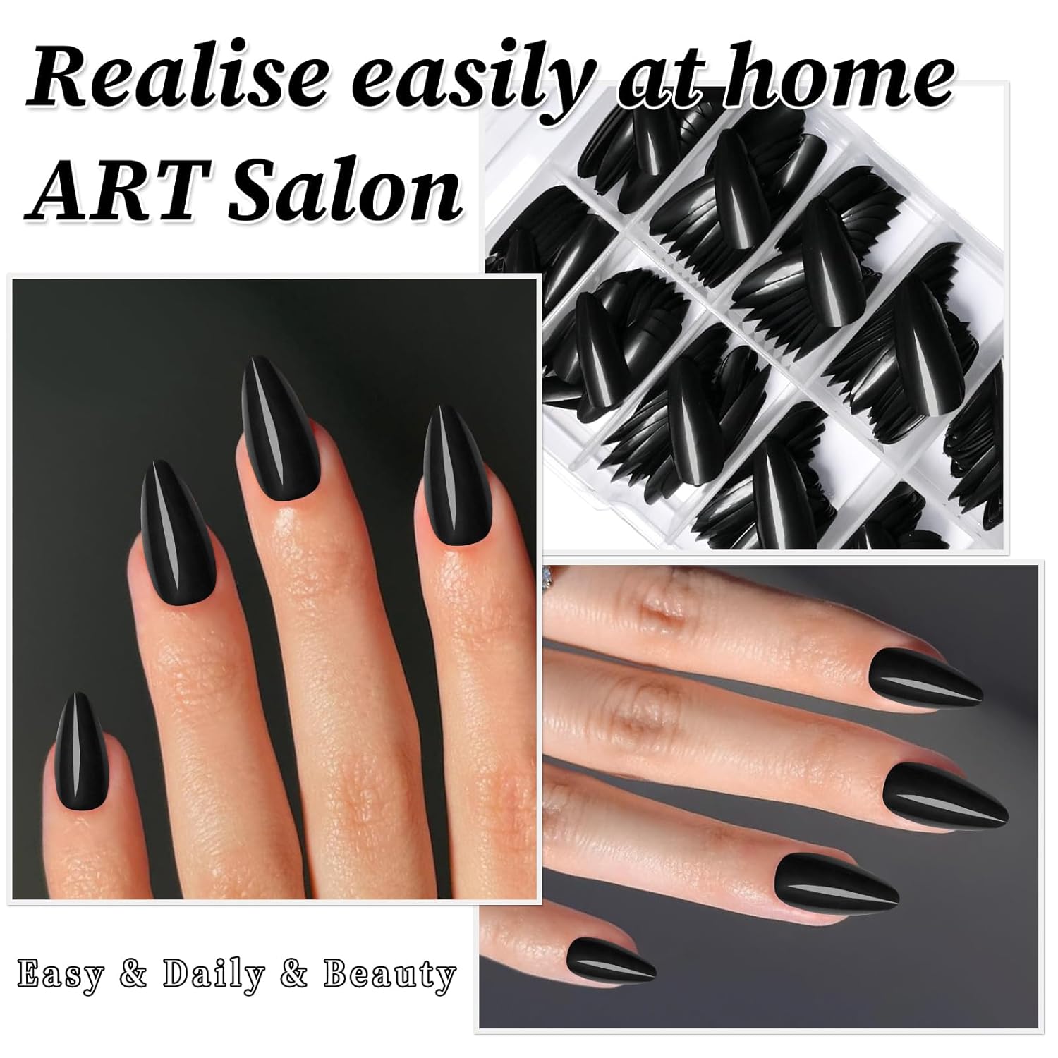 240PC Black Almond Press on Nails Medium Fake Nails Press ons, False Acrylic Nails Press on Nails Almond Glue on Nails Artificial Nail Tips Fingernails Stick on Nails with Glue&Adhesive Tabs - Image 4