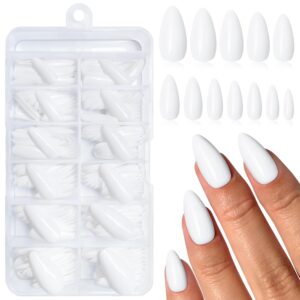 240PC White Almond Press on Nails Medium Fake Nails Press ons, False Acrylic Nails Press on Nails Almond Glue on Nails Artificial Nail Tips Fingernails Stick on Nails with Glue&Adhesive Tabs