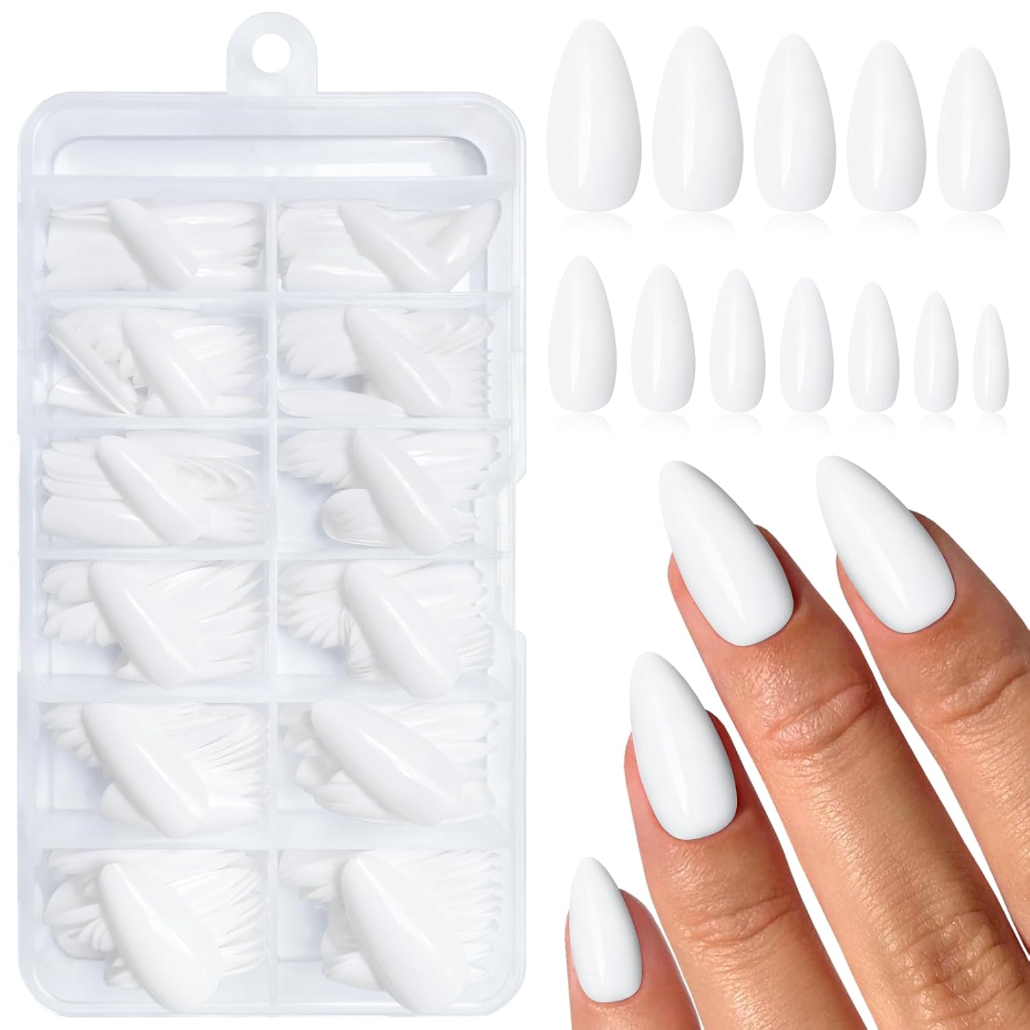 240PC White Almond Press on Nails Medium Fake Nails Press ons, False Acrylic Nails Press on Nails Almond Glue on Nails Artificial Nail Tips Fingernails Stick on Nails with Glue&Adhesive Tabs