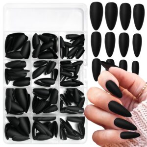 240pcs Almond Press on Nails, Matte Black Fake Nails Medium Acrylic Nails Press Ons False Glue on Nails Kit with 5 Sheets Adhesive Tabs for Women Girls