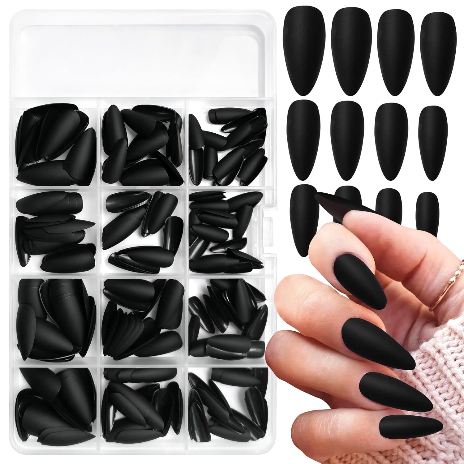 240pcs Almond Press on Nails, Matte Black Fake Nails Medium Acrylic Nails Press Ons False Glue on Nails Kit with 5 Sheets Adhesive Tabs for Women Girls