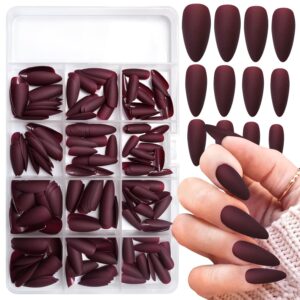 240pcs Almond Press on Nails, Matte Burgundy Fake Nails Medium Acrylic Nails Press Ons False Glue on Nails Kit with 5 Sheets Adhesive Tabs for Women Girls