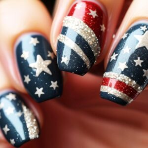 24Pcs 4th of July Press on Nails Independence Day Acrylic Medium Square Fake Nail Glossy Silver Glitter Curve False Nails Fourth of July Gel Glue on Nail French Stick on Fingernails for Women Girls