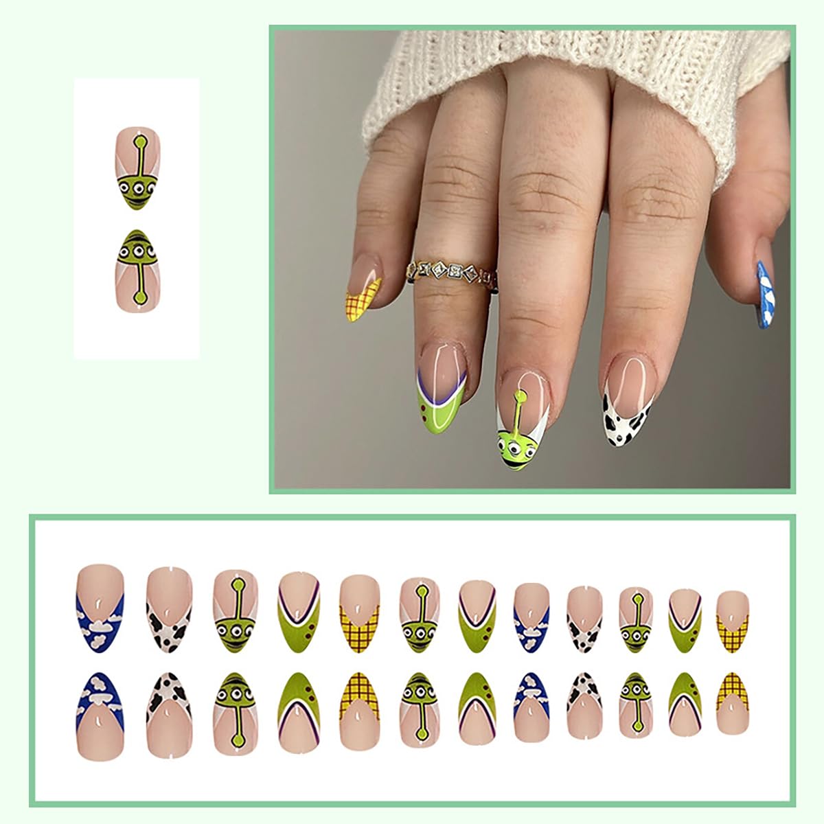 24Pcs Almond Press on Nails Short Fake Nails Summer Reusable False Nails with Cute Cartoon Pattern Design Artificial Acrylic Nails Press ons Holiday Glue-Free Nails Halloween Nails for Women - Image 2